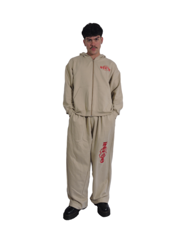 Basic Beige Stitched Zip Hoodie – Men