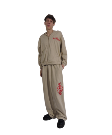 Basic Beige Printed Zip Hoodie – Men